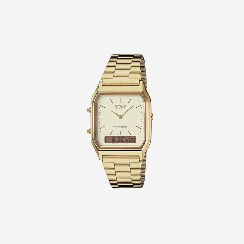 Casio AQ230GA-9D Analog Digital Dual Time Gold Tone Metal Band Watch