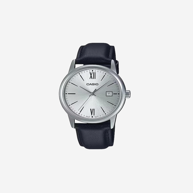 Casio MTP-V002L-7B3 Standard Analog Black Leather Band Silver Dial Date Watch