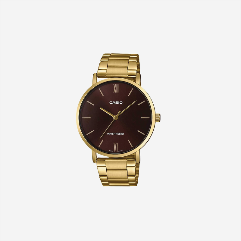 Casio MTP-VT01G-5B Gold Tone Stainless Steel Minimalistic Burgundy Dial Watch