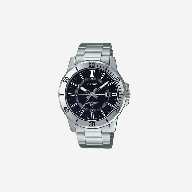 Casio MTP-VD01D-1CV Enticer Stainless Steel 24 Hour Black Index Dial Casual Analog Sporty Watch