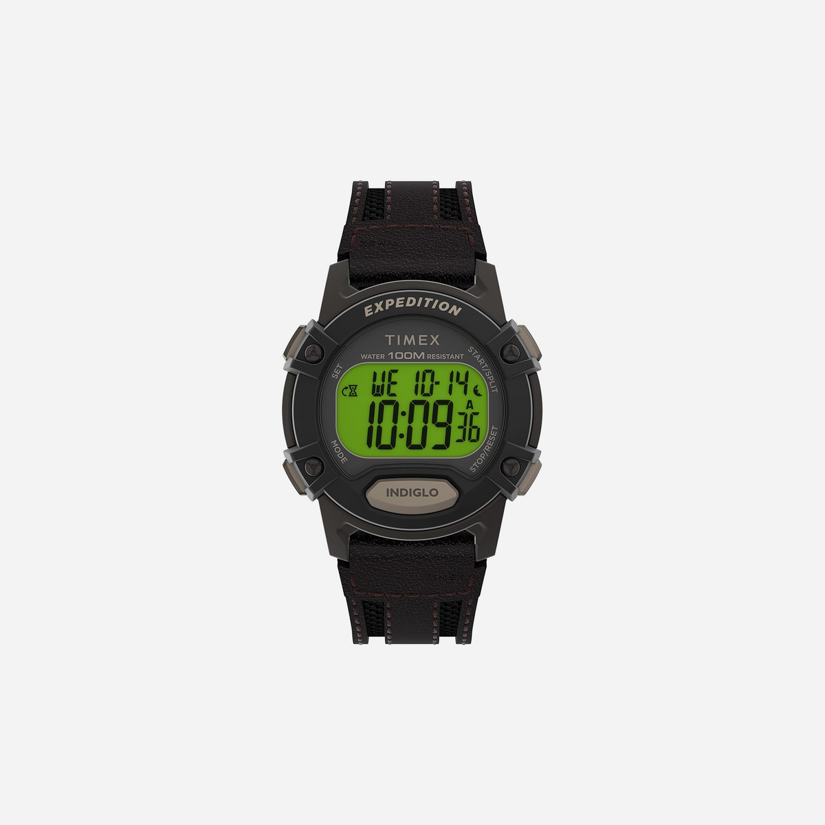 Timex Expedition Digital CAT5 Green Dial Black Brown Leather Strap Watch