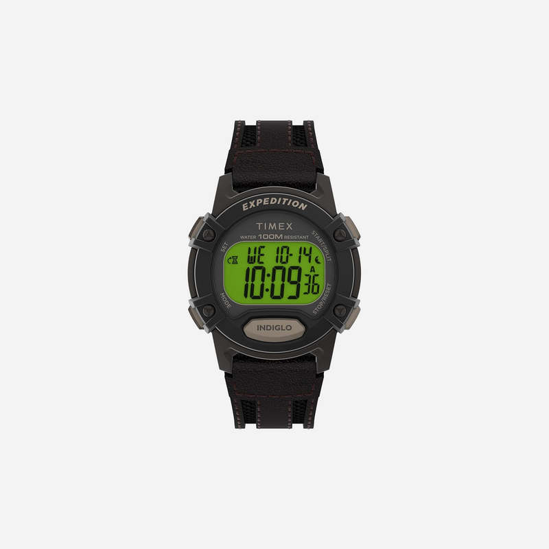 Timex Expedition Digital CAT5 Green Dial Black Brown Leather Strap Watch