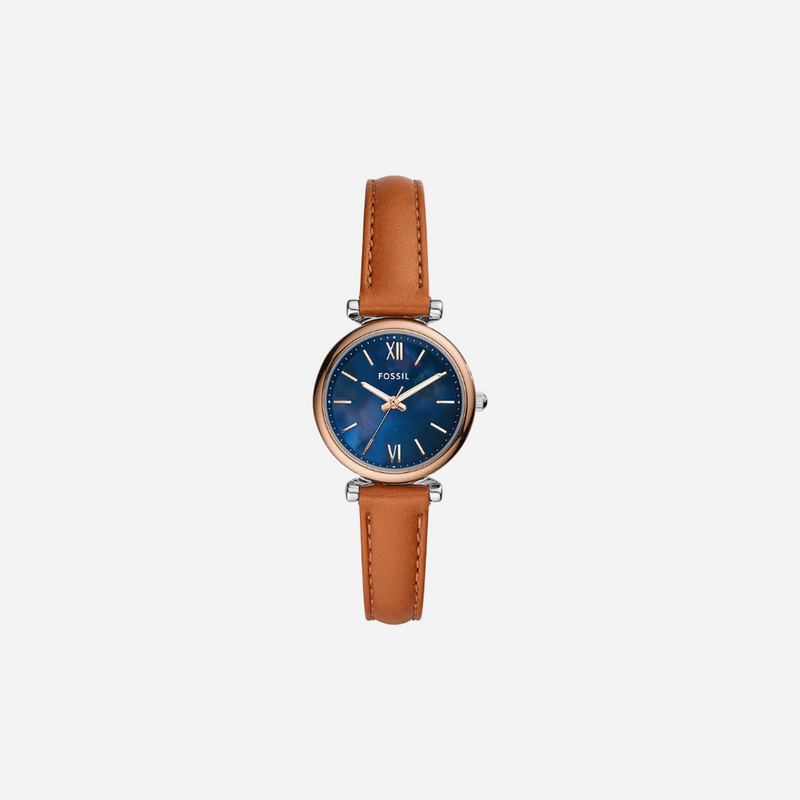 Fossil Carlie Mini Three-Hand Blue Mother-Of-Pearl DIal Tan Leather Watch