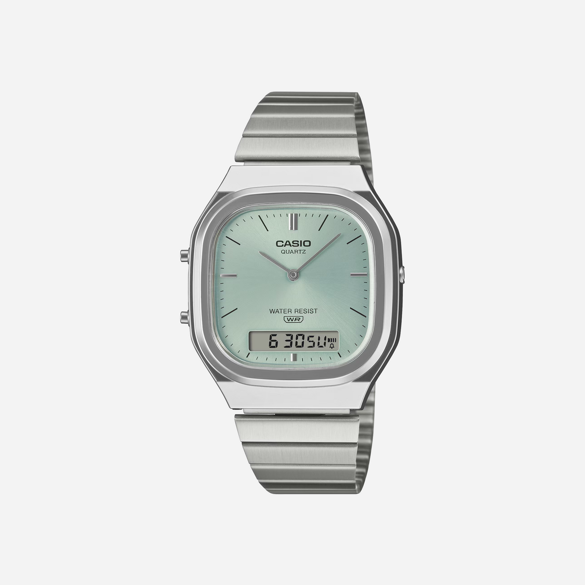 Casio Vintage AQ-240E-2A Light Blue Dial Analog Digital Stainless Steel Watch with Dual Time D429