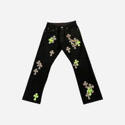 Chrome Hearts Green & Leopard Cross Patch Jeans Black