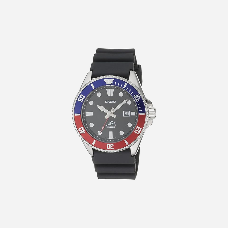 Casio MDV-106B-1A2VCF Series Black Dial Blue-Red Case Resin Band Analog Watch