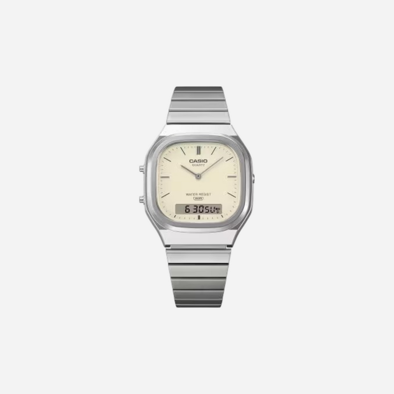 Casio Vintage AQ-240E-7A2 Gentle Off-White Dial Analog Digital Stainless Steel Watch with Dual Time D431