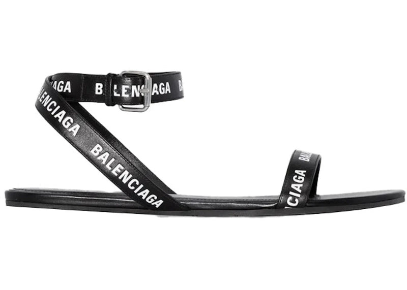 Balenciaga Black Logo Print Sandals Black Leather
