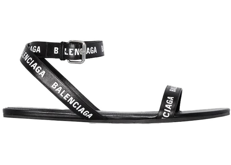 Balenciaga Black Logo Print Sandals Black Leather