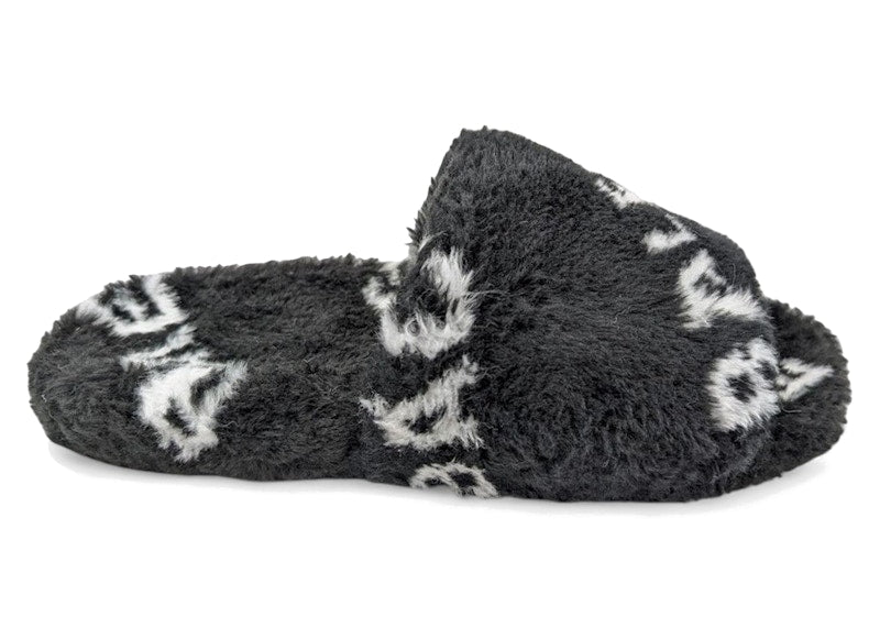 Balenciaga Furry Slide Fake Fur Logo Allover Black White