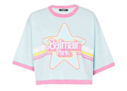 Balmain x Barbie - Blue Cotton Cropped T-Shirt with Pink Balmain Logo Print