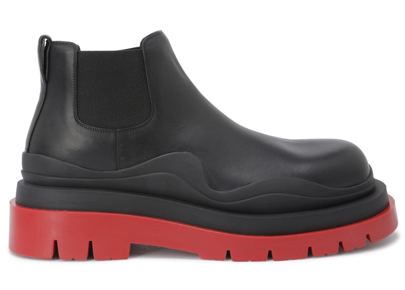 Bottega Veneta Leather Tire Chunky Sole Ankle Chelsea Boot Black Red