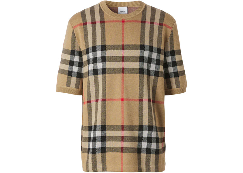 Burberry Shorts-sleeve Check Silk Wool Jacquard Top Archive Beige