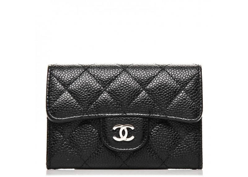 Chanel Flap Card Holder Quilted Caviar Silver-tone Black