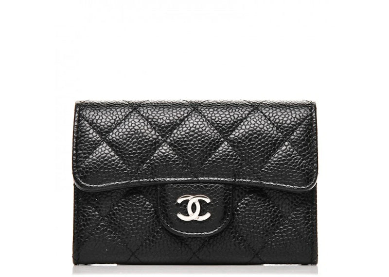 Chanel Flap Card Holder Quilted Caviar Silver-tone Black