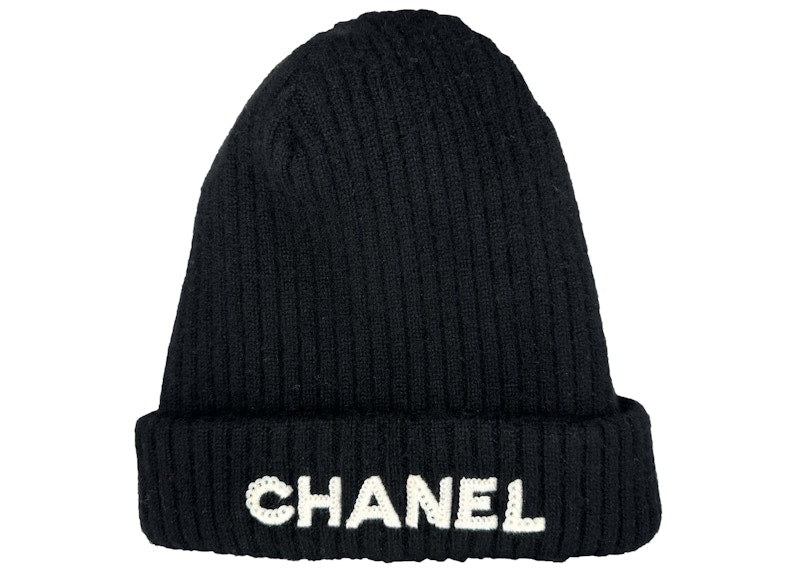 Chanel Cloche White Sequin Letter Logo Beanie AA8446 Black