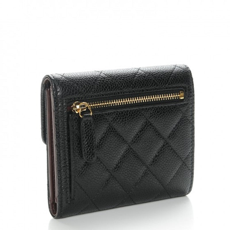 Chanel Flap Compact Wallet Quilted Caviar Gold-tone Black