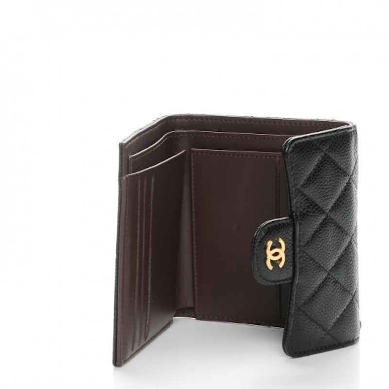 Chanel Flap Compact Wallet Quilted Caviar Gold-tone Black
