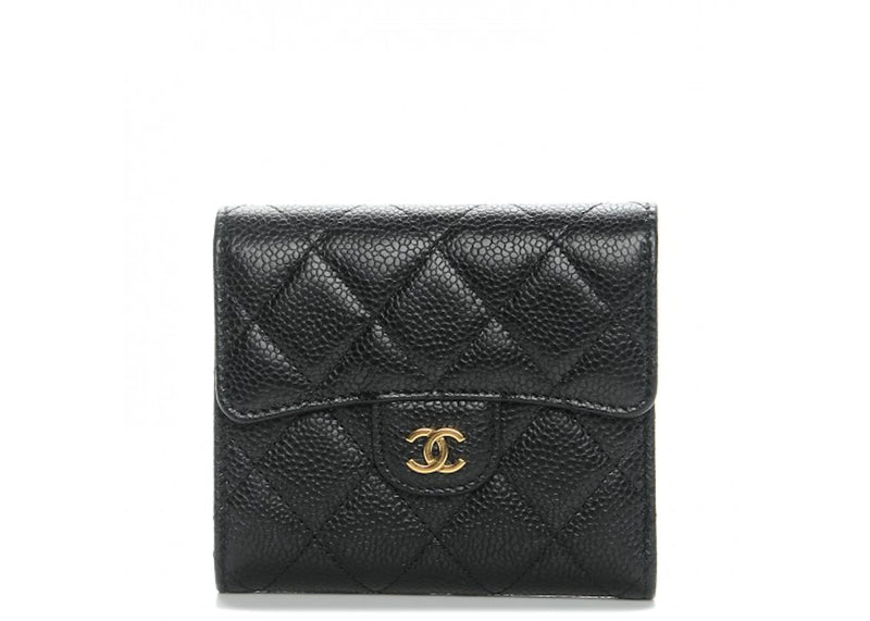 Chanel Flap Compact Wallet Quilted Caviar Gold-tone Black