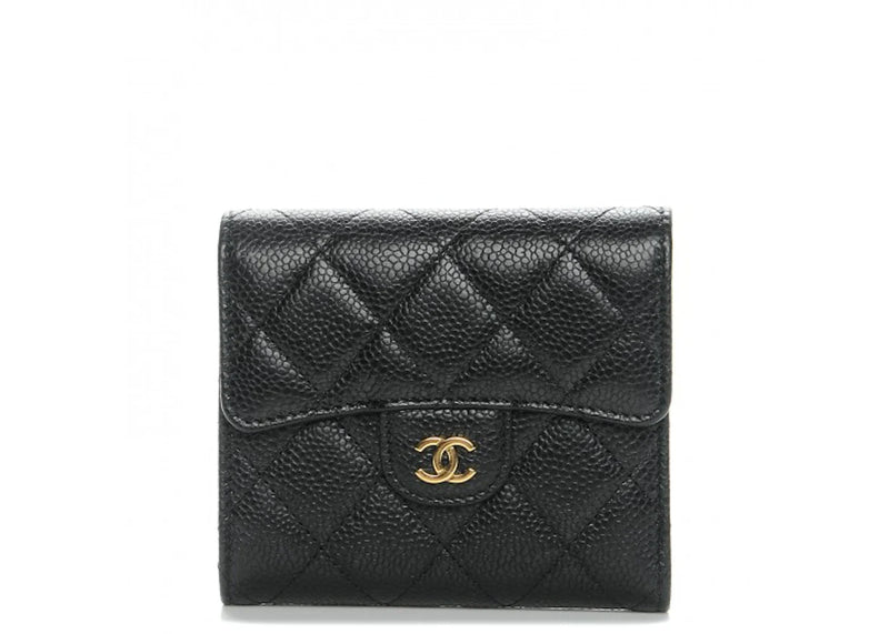 Chanel Flap Compact Wallet Quilted Caviar Gold-tone Black