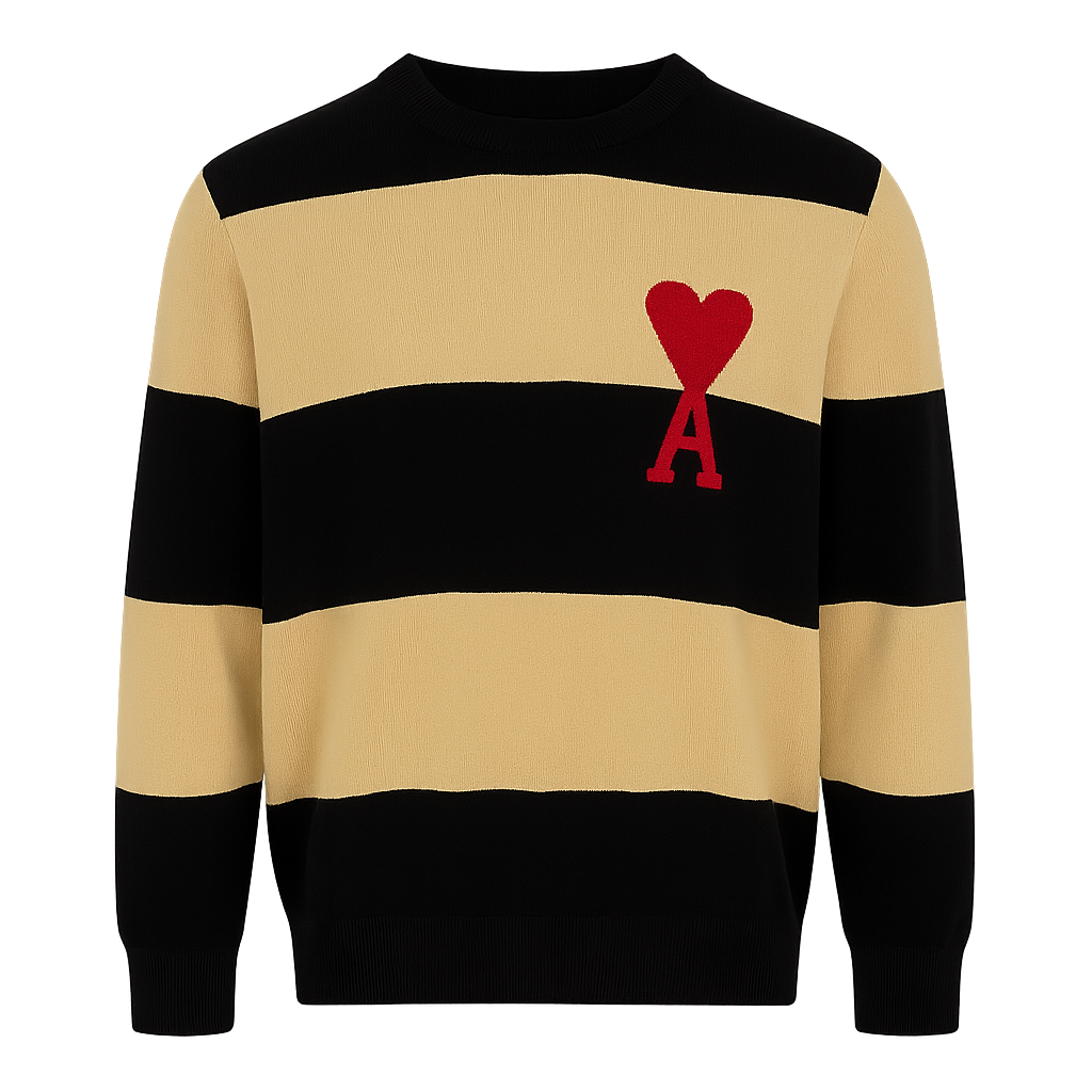 Ami Paris Ami De Coeur Sweater with Rugby Stripes Naut BLACK/Nat Brown