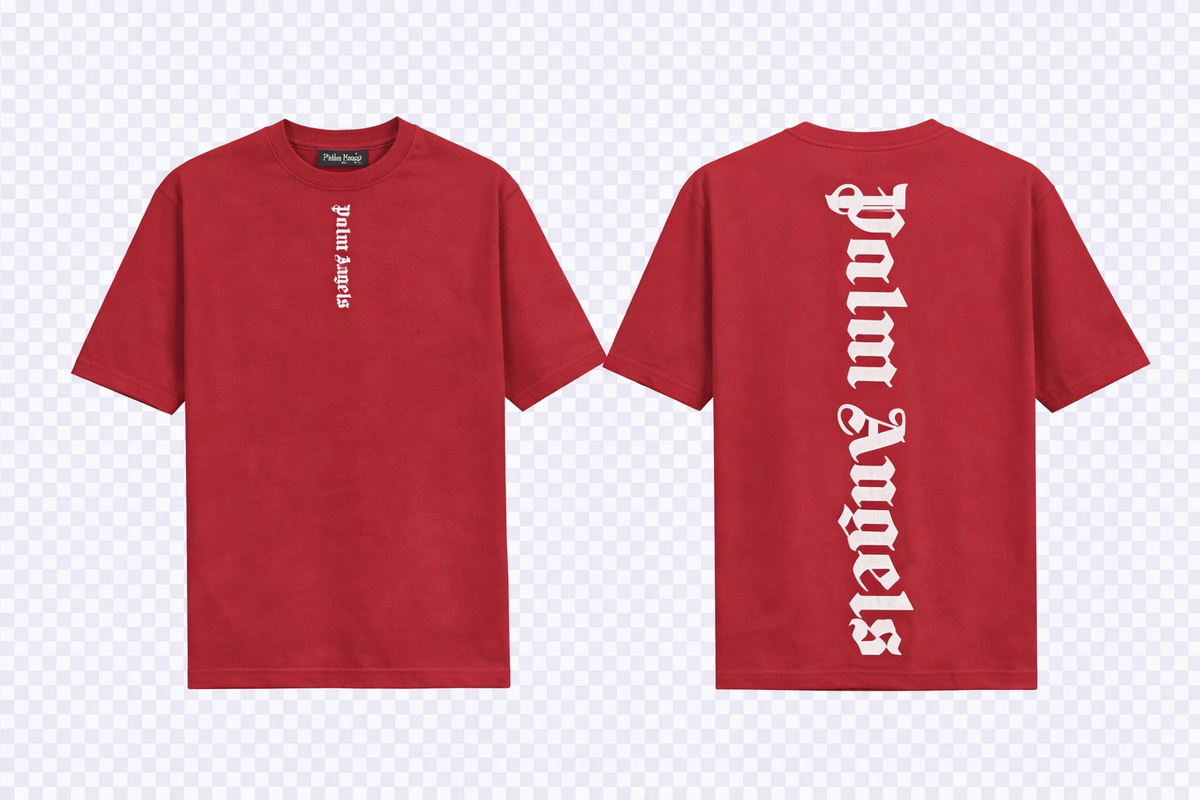 Palm Angels Red T-Shirt featuring a large black gothic font logo