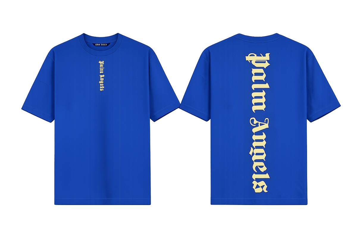 Palm Angels Blue T-Shirt featuring a large black gothic font logo
