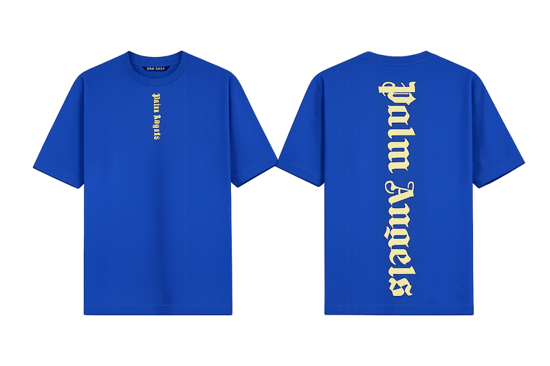 Palm Angels Blue T-Shirt featuring a large black gothic font logo