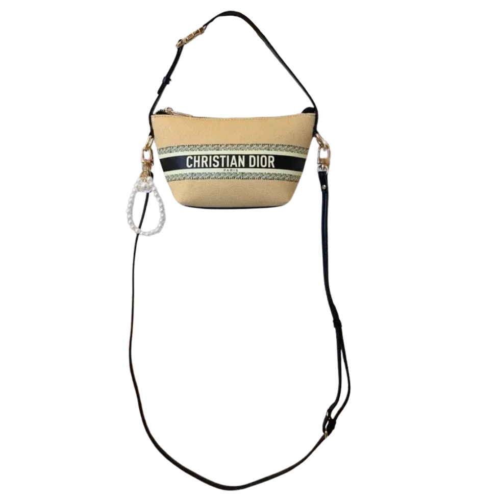 Christian Dior Handbag with Leather Strap + Pearl Charm Keychain - Beige