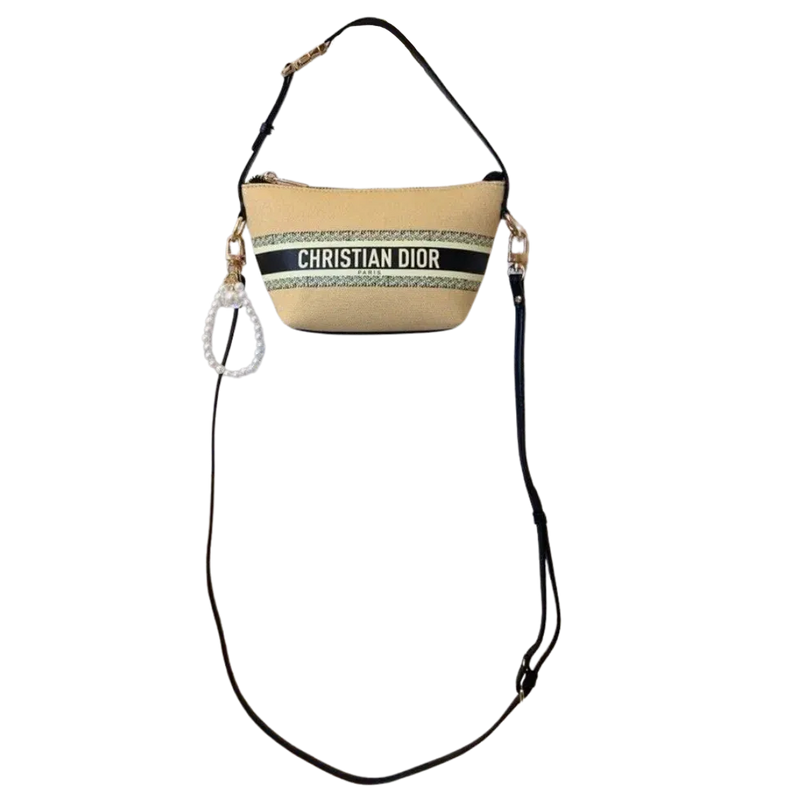 Christian Dior Handbag with Leather Strap + Pearl Charm Keychain - Beige