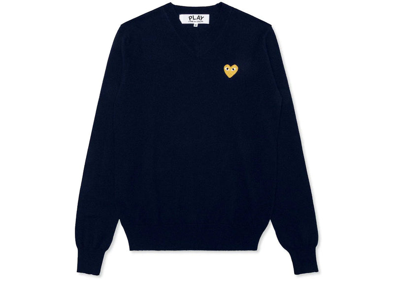 Comme Des Garcons Play Gold Heart V Neck Sweater Navy