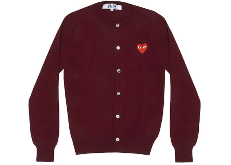 Comme Des Garcons Play Women'S Red Heart Knit Cardigan Sweater Burgundy