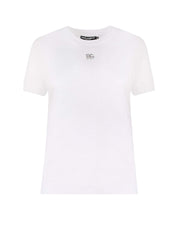 Dolce & Gabbana Woman Cotton Rhinestones Logo Detail T-Shirt White