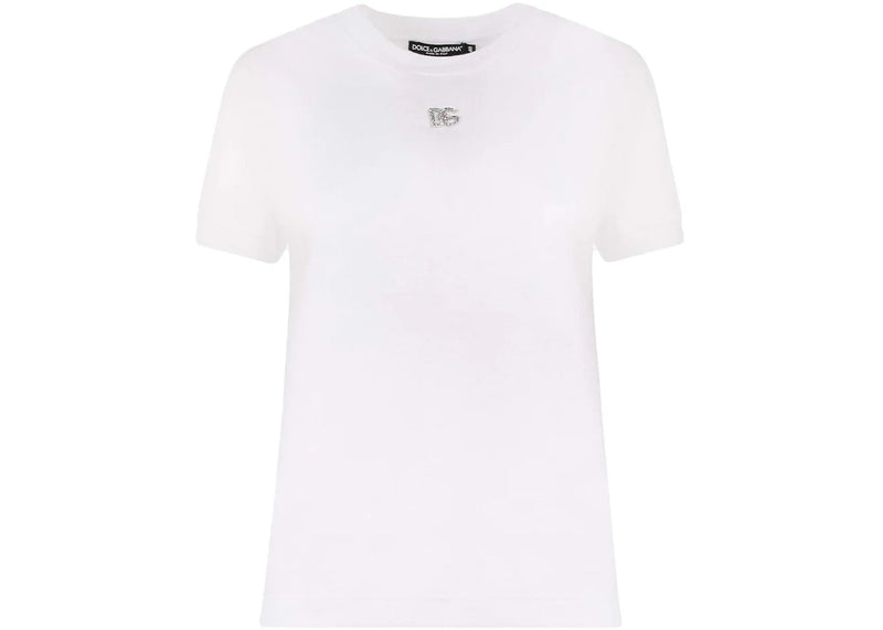 Dolce & Gabbana Woman Cotton Rhinestones Logo Detail T-Shirt White