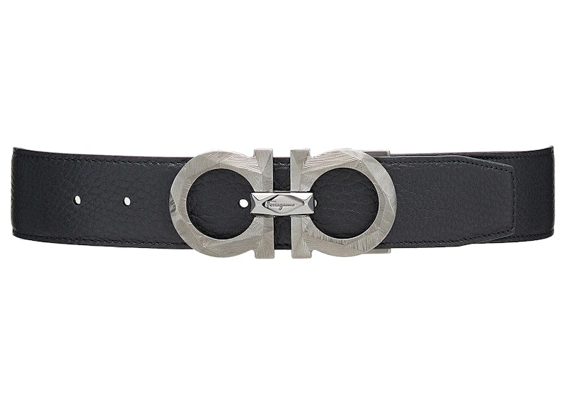 Ferragamo Reversible And Adjustable Gancini Belt Chiseled Black/Blue Marine