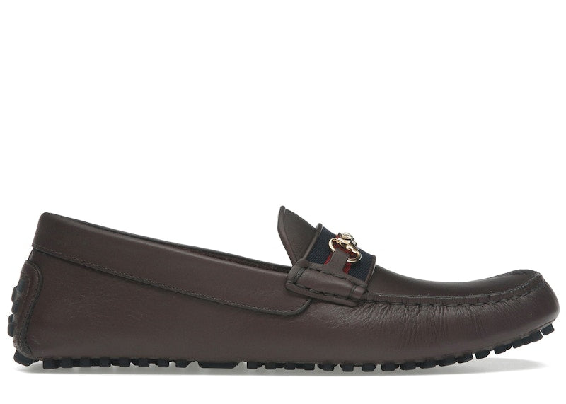 Gucci Ayrton Webbing-Trimmed Horsebit Leather Driver Loafers Brown