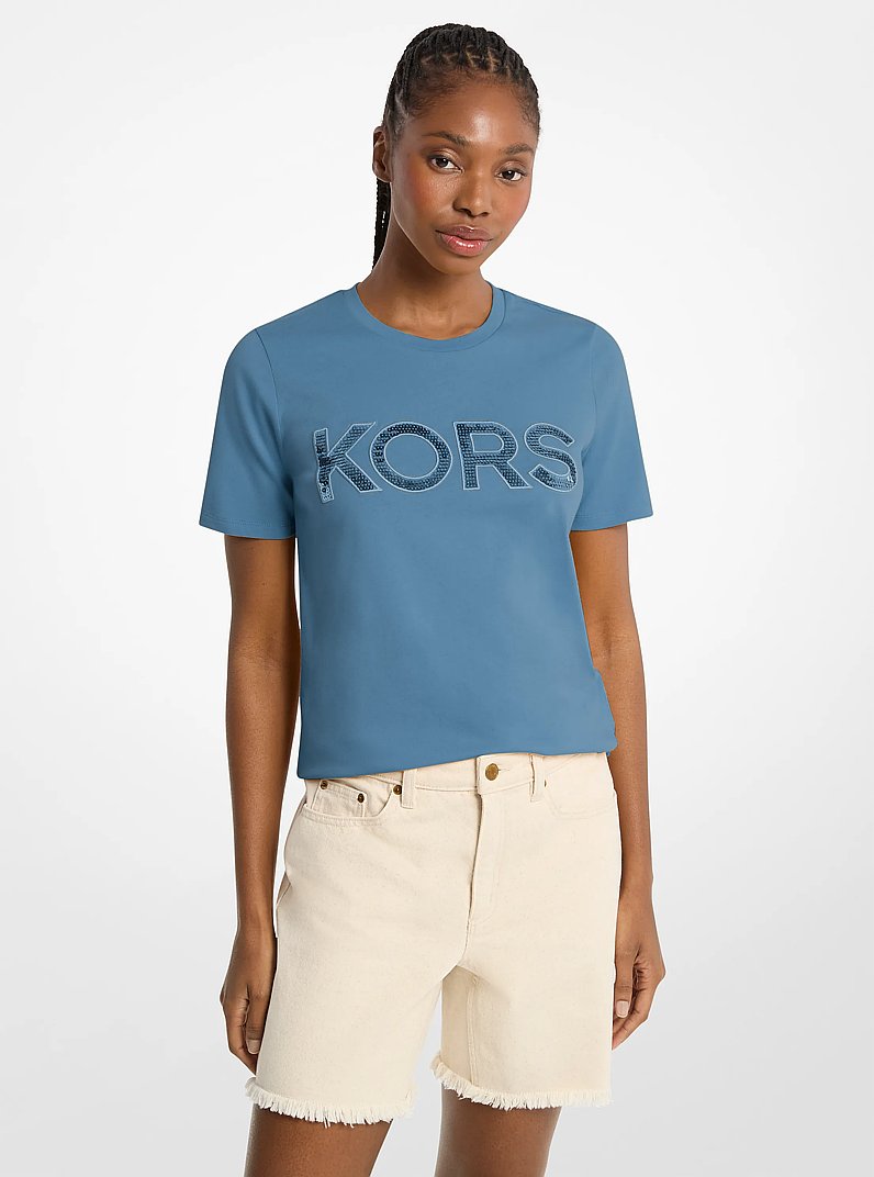 Michael Kors Sequined Logo Cotton T-Shirt DK CHAMBRAY