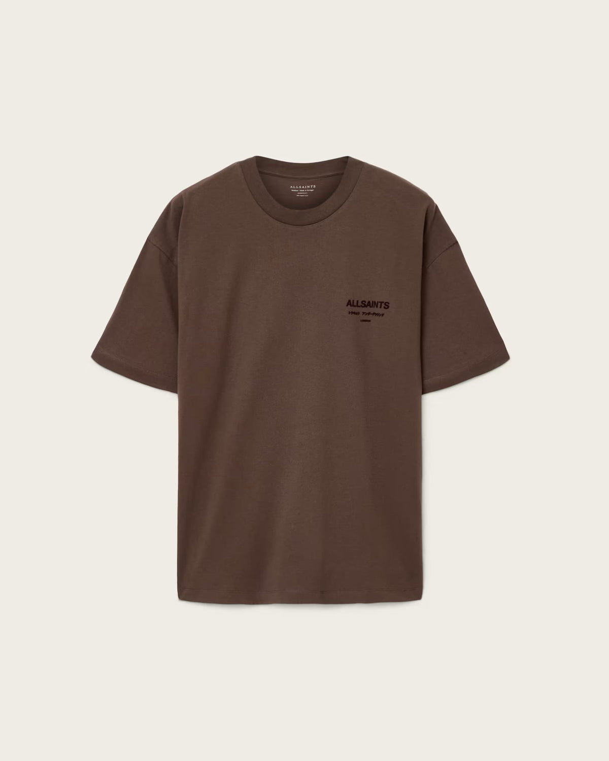 ALL SAINTS Xander Flocked Logo Oversized Bitter Brown T-Shirt