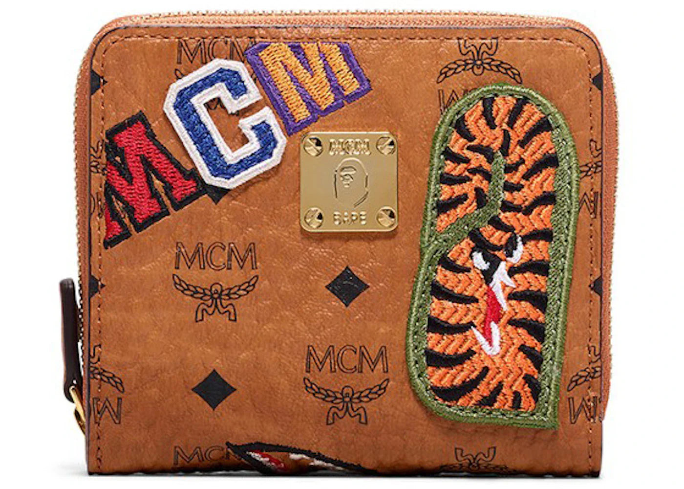 Mcm x Bape Shark Zip Wallet Visetos Mini Cognac