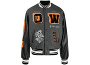 Off-White Patch Embellished Varsity Bomber Jacket Medium Grey Yellow Black