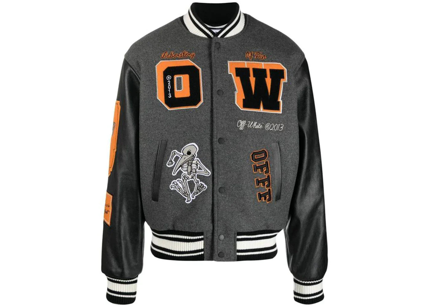 Off-White Patch Embellished Varsity Bomber Jacket Medium Grey Yellow Black