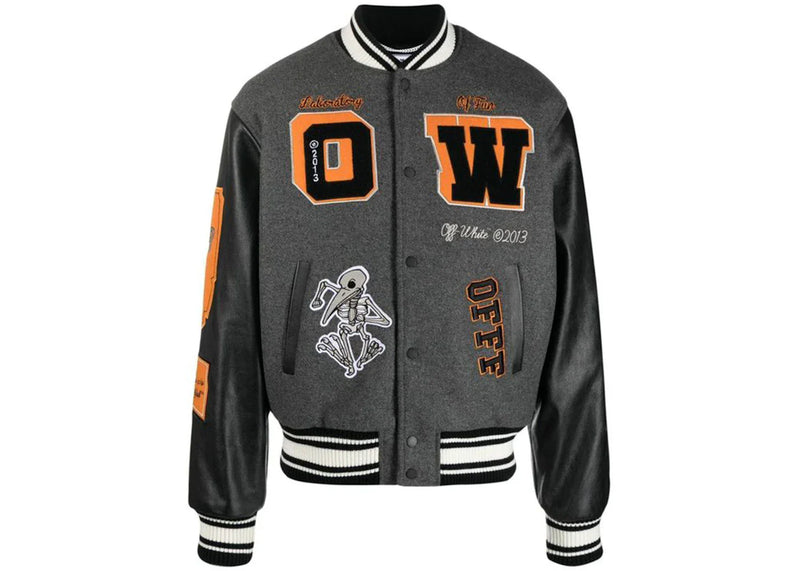 Off-White Patch Embellished Varsity Bomber Jacket Medium Grey Yellow Black