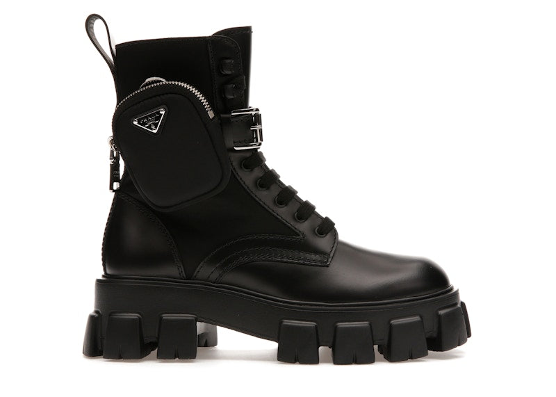 Prada Monolith 60mm Pouch Ankle Boots Black Brushed Leather And Nylon