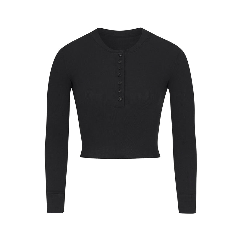 SKIMS COTTON RIB LONG SLEEVE CROP HENLEY SOOT