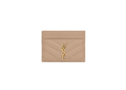 Saint Laurent Cassandre Matelasse Card Case in Grain De Poudre Embossed Leather Dark Beige