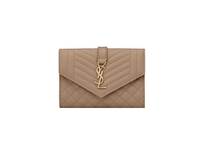 Saint Laurent Small Envelope Wallet In Mix Matlasse Grand de Purse Embossed Leather Dark Beige