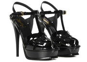 Saint Laurent Tribute Platform Sandal Heels Black Patent Leather