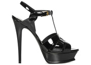 Saint Laurent Tribute Platform Sandal Heels Black Patent Leather