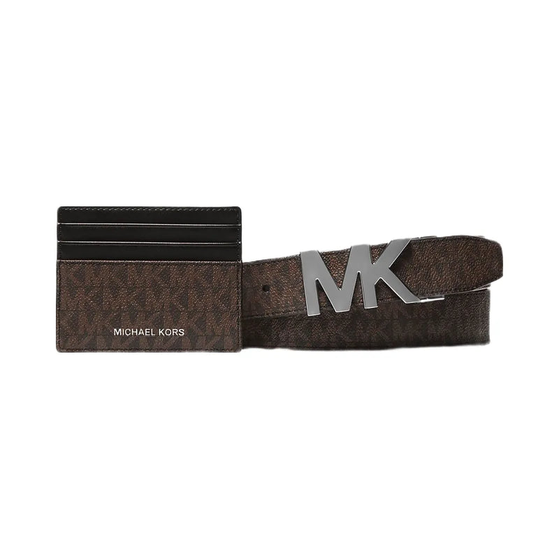 Michael Kors Signature Logo Card Case and Belt Gift Set Brown-Black