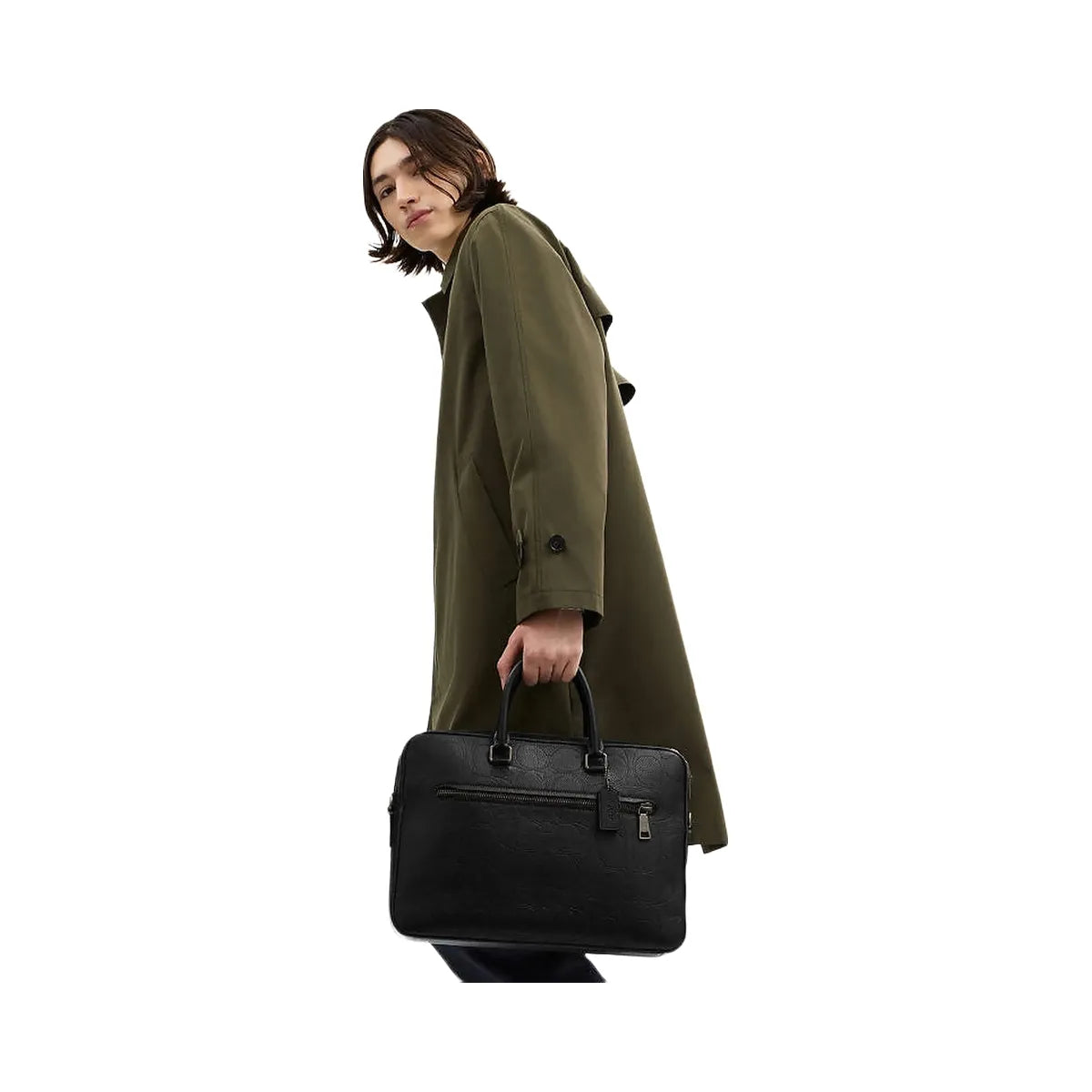 Coach Ethan Slim Brief In Signature Leather Pebbled Leather-Gunmetal-Black